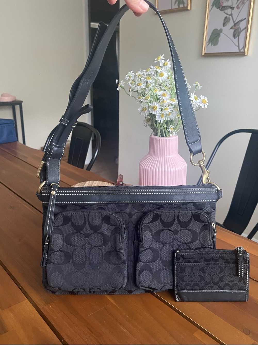 Vintage Coach Signature Print Black Shoulder Bag with Card Case